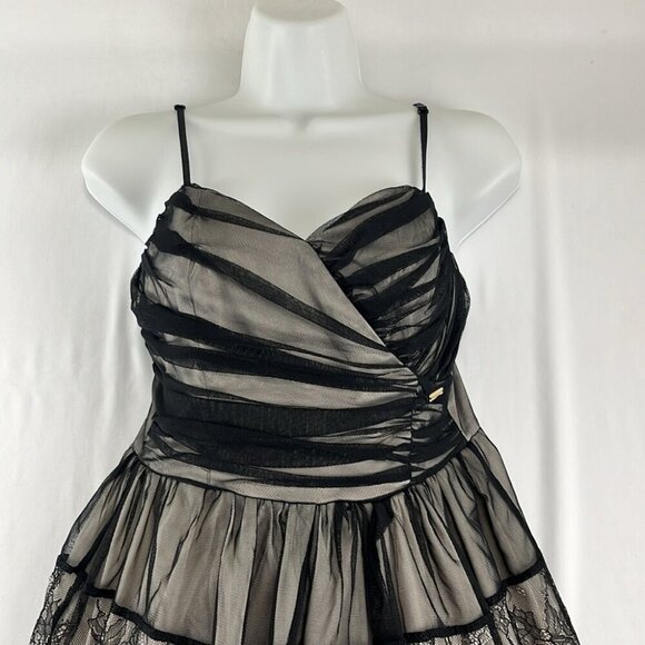 Rina Scimento Italian-Made Beige Mini Dress w/ Black Mesh Overlay - Picture 3 of 11